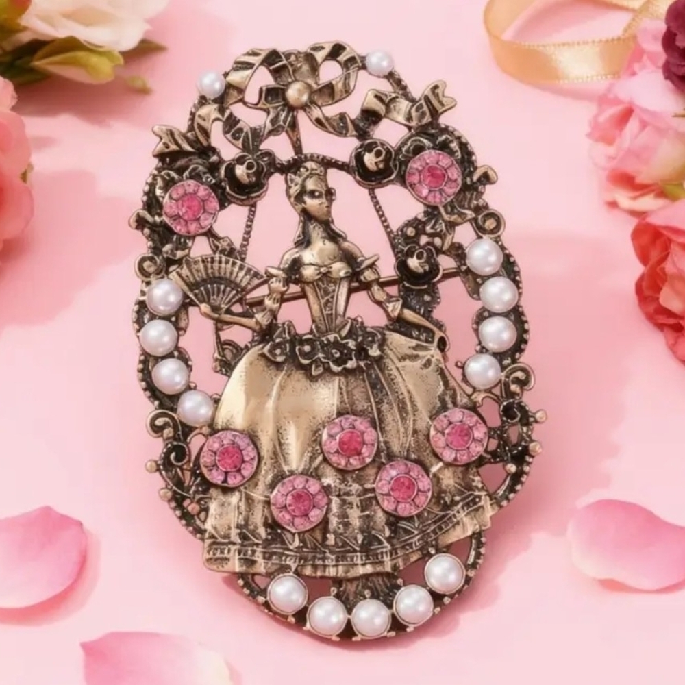 Vintage-Inspired Pink and Golden Brooch